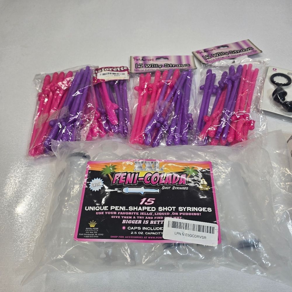 Bachelorette party Leftover Decor Favors Straws Peni Colada Shots, Etc